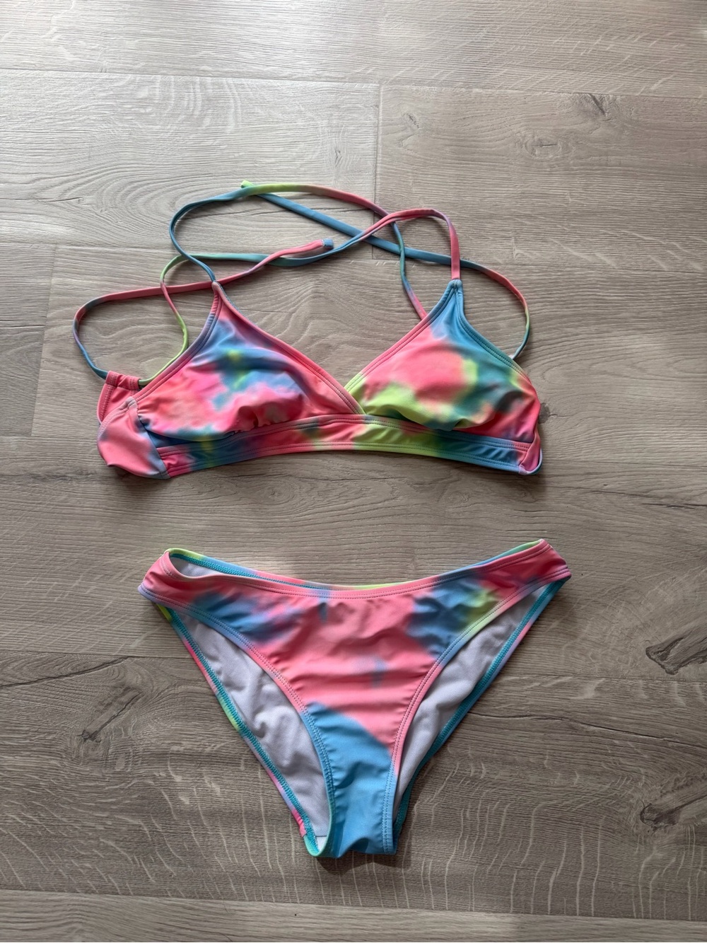 Cupshe Tie-Dye Pastel Bikini Set - Pink, Blue & Neon Green